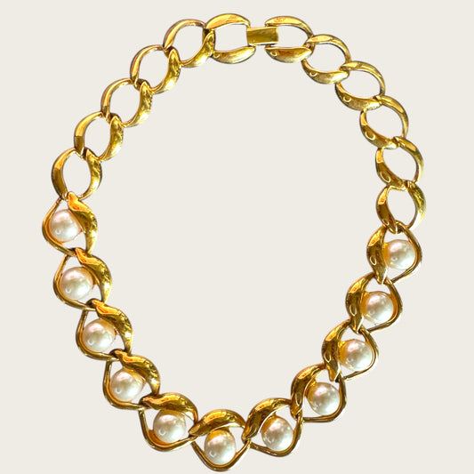 Vintage Napier Patent Pearl & Gold Link Necklace – Late 1980s Sculptural Statement Collar