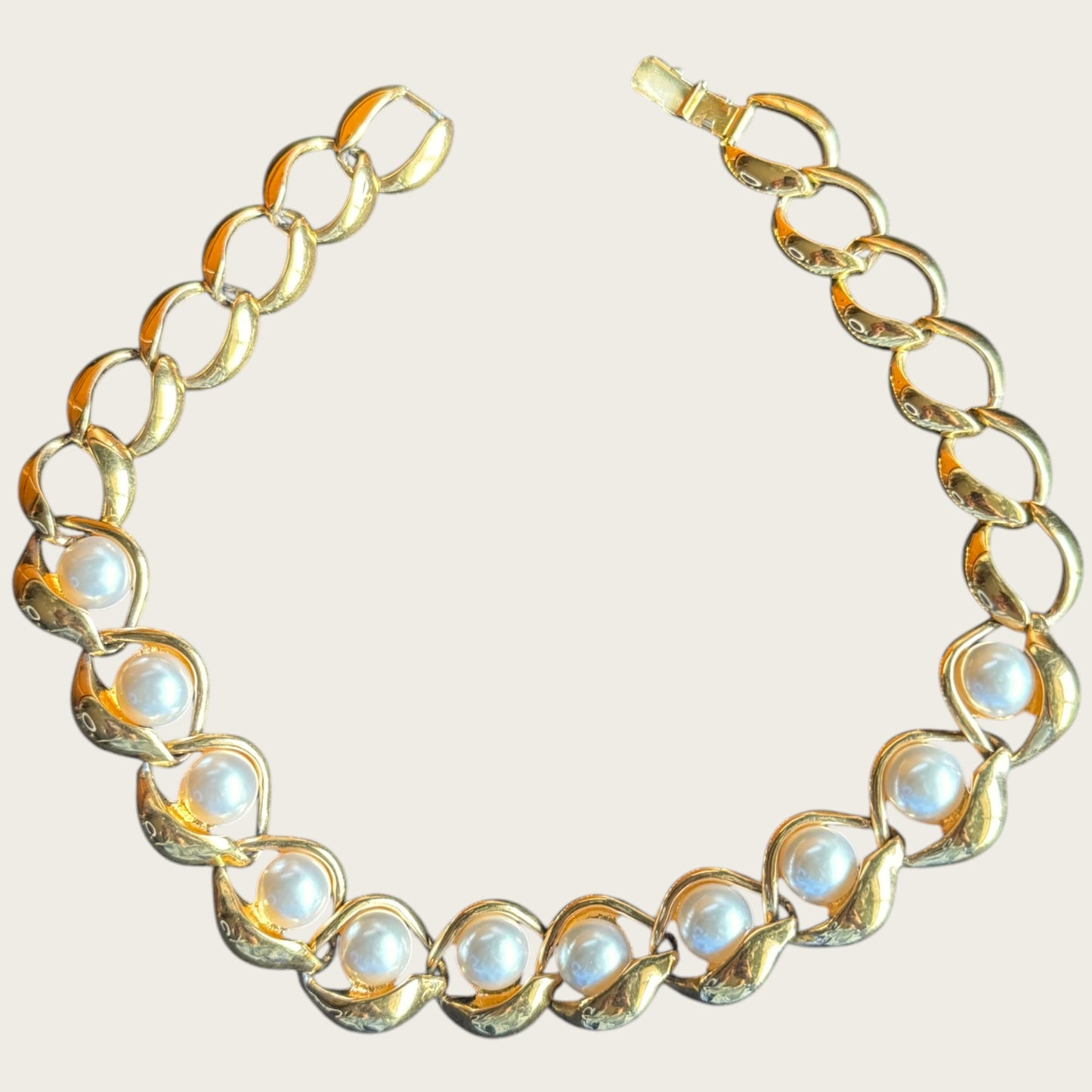 Vintage Napier Patent Pearl & Gold Link Necklace – Late 1980s Sculptural Statement Collar