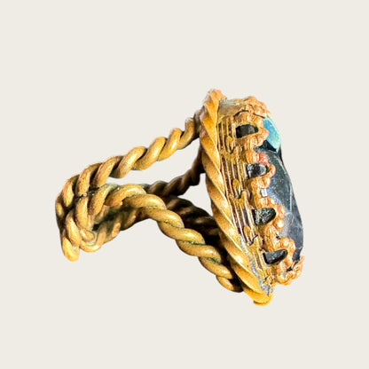 Vintage West Germany Rope Twist Statement Ring – Faceted Black Glass, Adjustable, 1950s–60s