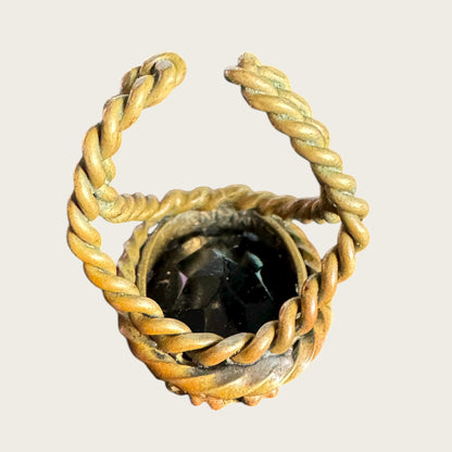 Vintage West Germany Rope Twist Statement Ring – Faceted Black Glass, Adjustable, 1950s–60s