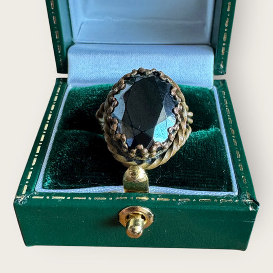 Vintage West Germany Rope Twist Statement Ring – Faceted Black Glass, Adjustable, 1950s–60s