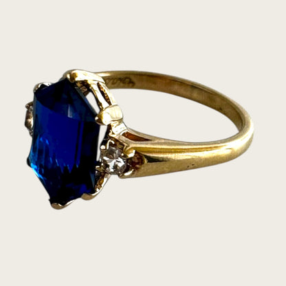 Vintage 10K Yellow Gold Blue Spinel & Quartz Ring – Size 5.75, Emerald-Cut Estate Cocktail Jewelry
