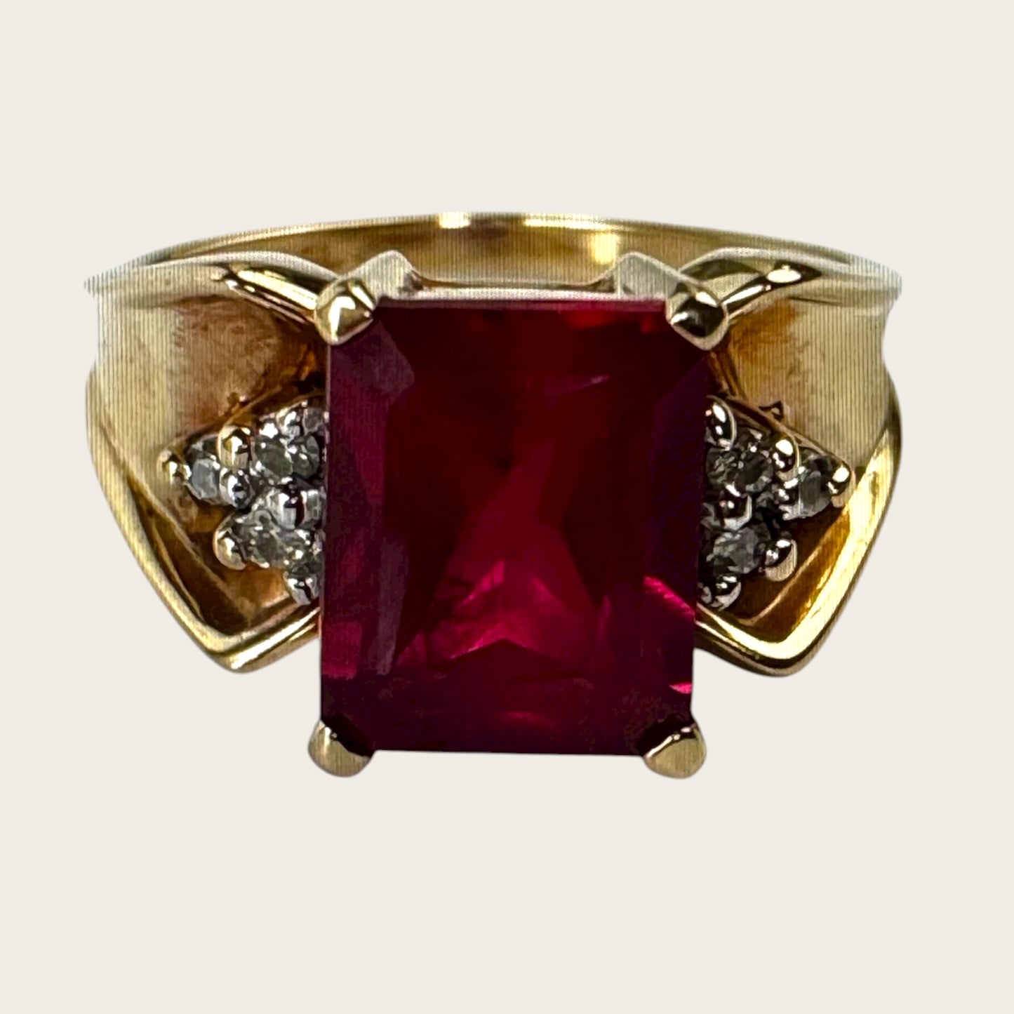 Vintage 10K Yellow Gold Ruby & Diamond Ring – Size 5.75, Emerald-Cut Estate Cocktail Jewelry
