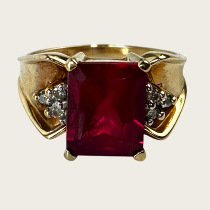 Vintage 10K Yellow Gold Ruby & Diamond Ring – Size 5.75, Emerald-Cut Estate Cocktail Jewelry