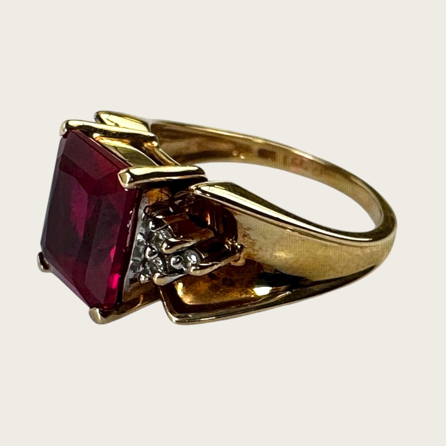 Vintage 10K Yellow Gold Ruby & Diamond Ring – Size 5.75, Emerald-Cut Estate Cocktail Jewelry