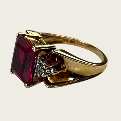 Vintage 10K Yellow Gold Ruby & Diamond Ring – Size 5.75, Emerald-Cut Estate Cocktail Jewelry