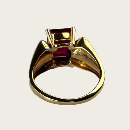 Vintage 10K Yellow Gold Ruby & Diamond Ring – Size 5.75, Emerald-Cut Estate Cocktail Jewelry
