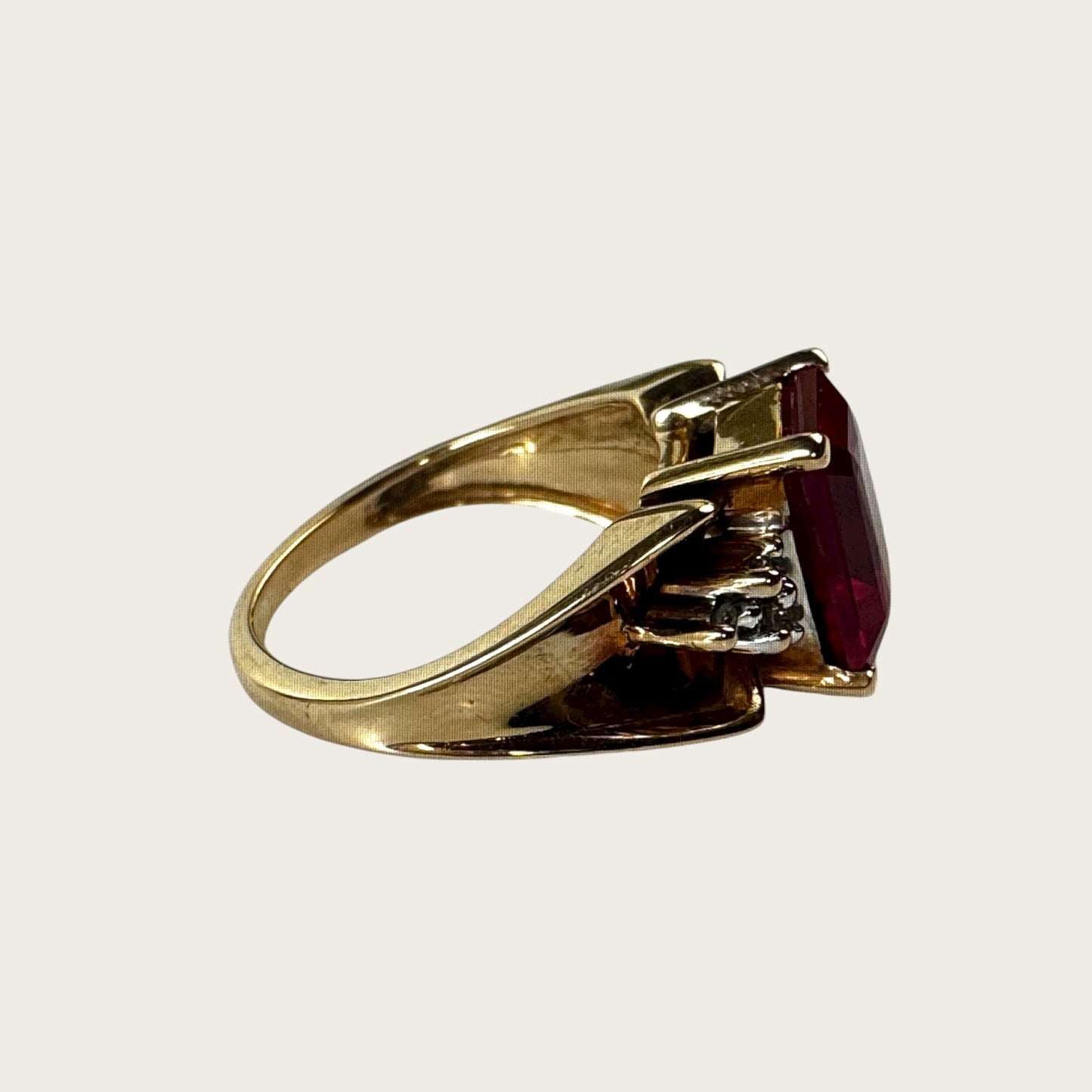 Vintage 10K Yellow Gold Ruby & Diamond Ring – Size 5.75, Emerald-Cut Estate Cocktail Jewelry