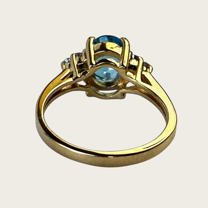 Vintage 14K Yellow Gold Blue Topaz & Diamond Ring – Size 5.75, Estate Fine Jewelry