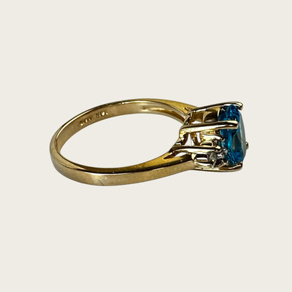 Vintage 14K Yellow Gold Blue Topaz & Diamond Ring – Size 5.75, Estate Fine Jewelry