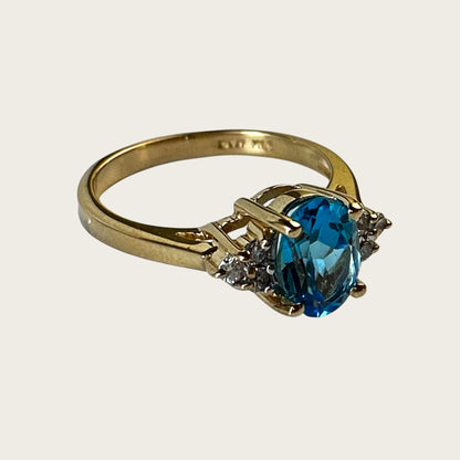 Vintage 14K Yellow Gold Blue Topaz & Diamond Ring – Size 5.75, Estate Fine Jewelry