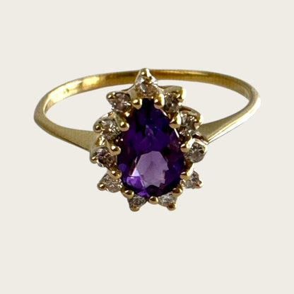 Vintage 14K Yellow Gold Amethyst & Diamond Teardrop Halo Ring – Size 7, Estate Fine Jewelry