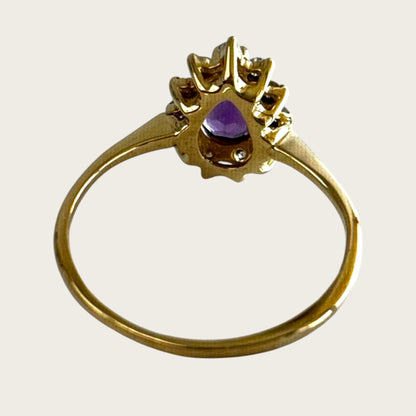Vintage 14K Yellow Gold Amethyst & Diamond Teardrop Halo Ring – Size 7, Estate Fine Jewelry