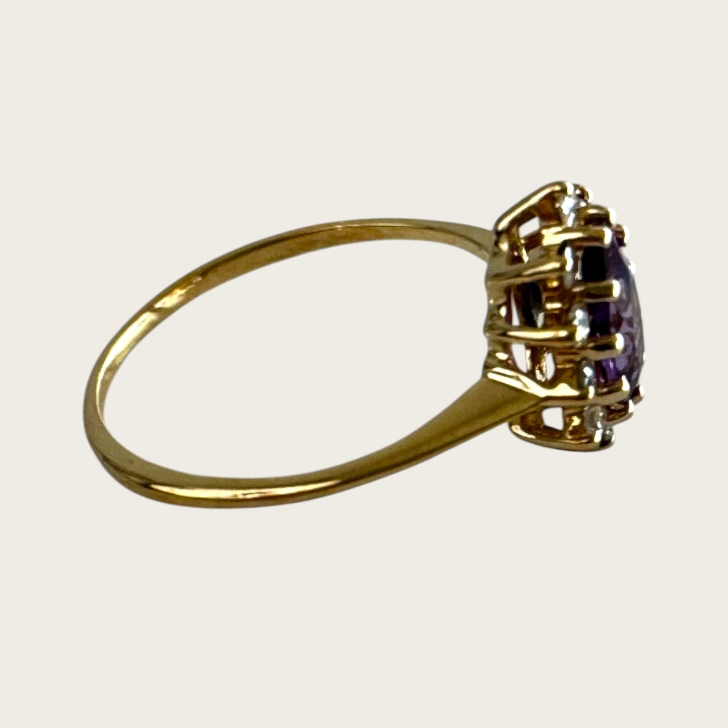 Vintage 14K Yellow Gold Amethyst & Diamond Teardrop Halo Ring – Size 7, Estate Fine Jewelry