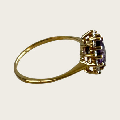Vintage 14K Yellow Gold Amethyst & Diamond Teardrop Halo Ring – Size 7, Estate Fine Jewelry