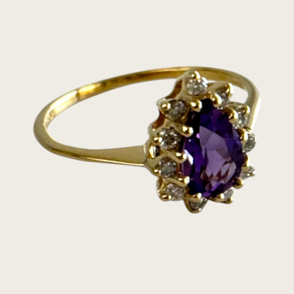 Vintage 14K Yellow Gold Amethyst & Diamond Teardrop Halo Ring – Size 7, Estate Fine Jewelry