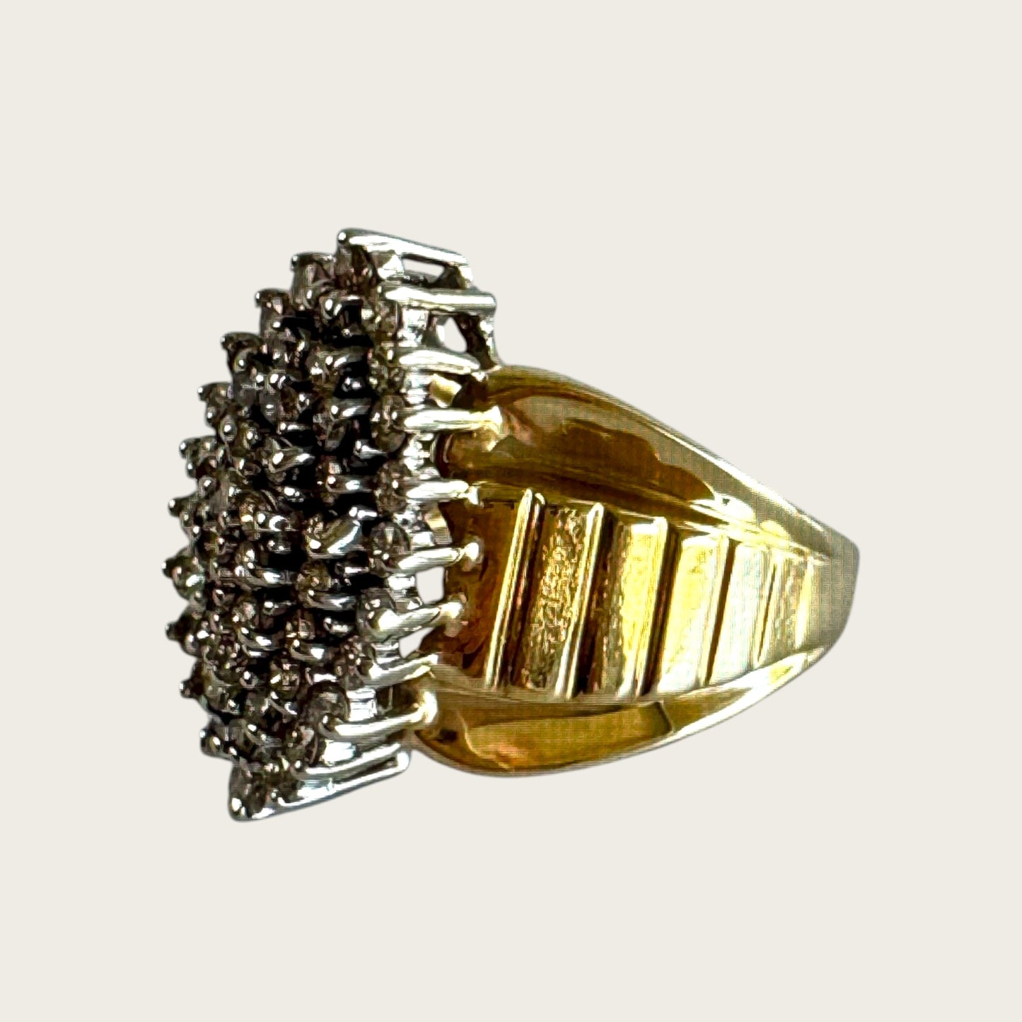 Vintage 10K White & Yellow Gold Clear Sapphire Cluster Ring – Size 5–5.25, Estate Raised Dome Cocktail Ring