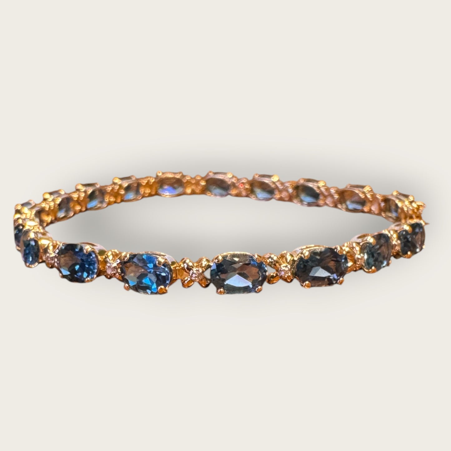 Vintage 14K Gold Blue Topaz & Diamond Tennis Bracelet — 8 Inch