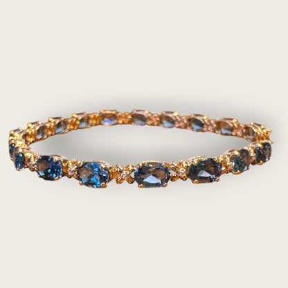 Vintage 14K Gold Blue Topaz & Diamond Tennis Bracelet — 8 Inch