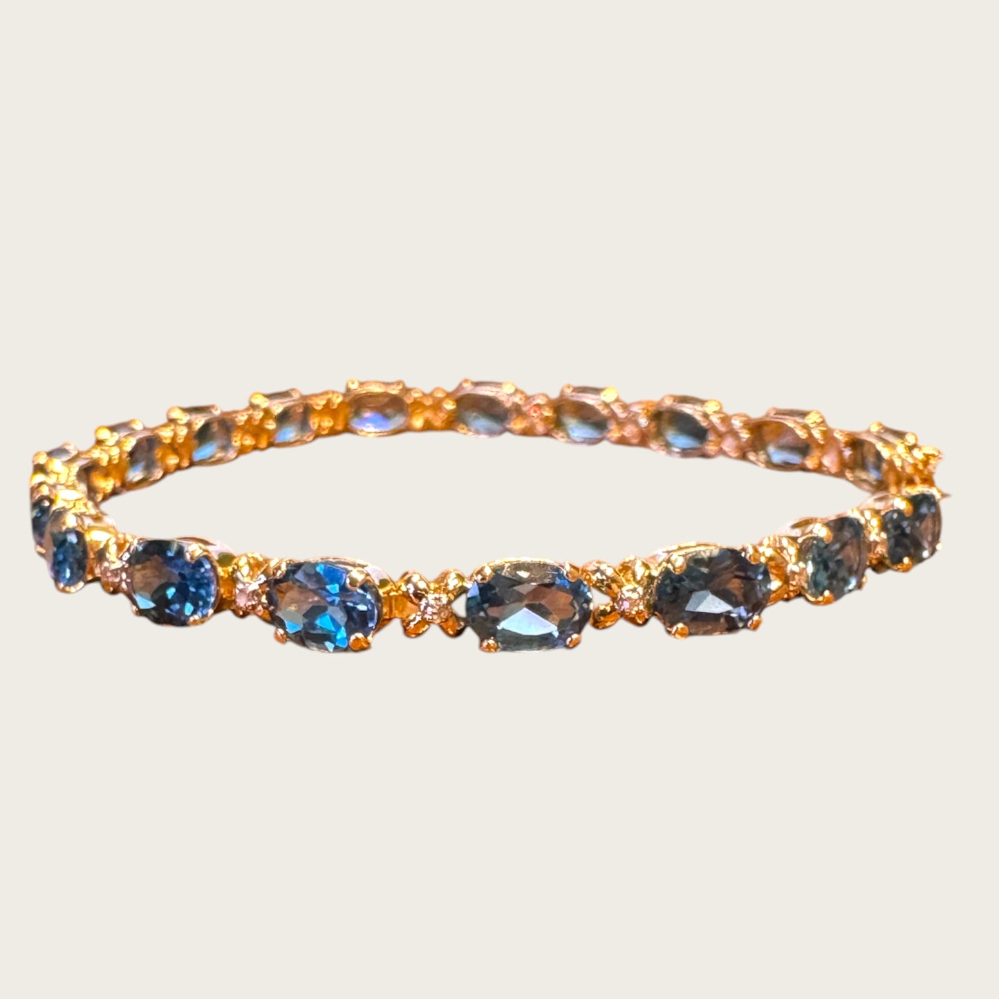 Vintage 14K Gold Blue Topaz & Diamond Tennis Bracelet — 8 Inch