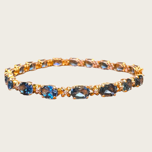 Vintage 14K Gold Blue Topaz & Diamond Tennis Bracelet — 8 Inch