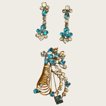 Vintage Star-Art 1/20 12K Gold-Filled Brooch & Dangle Screw-Back Earrings Set – Aquamarine Blue & Clear Rhinestones
