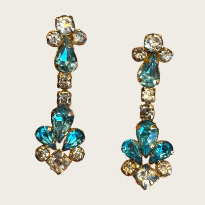 Vintage Star-Art 1/20 12K Gold-Filled Brooch & Dangle Screw-Back Earrings Set – Aquamarine Blue & Clear Rhinestones