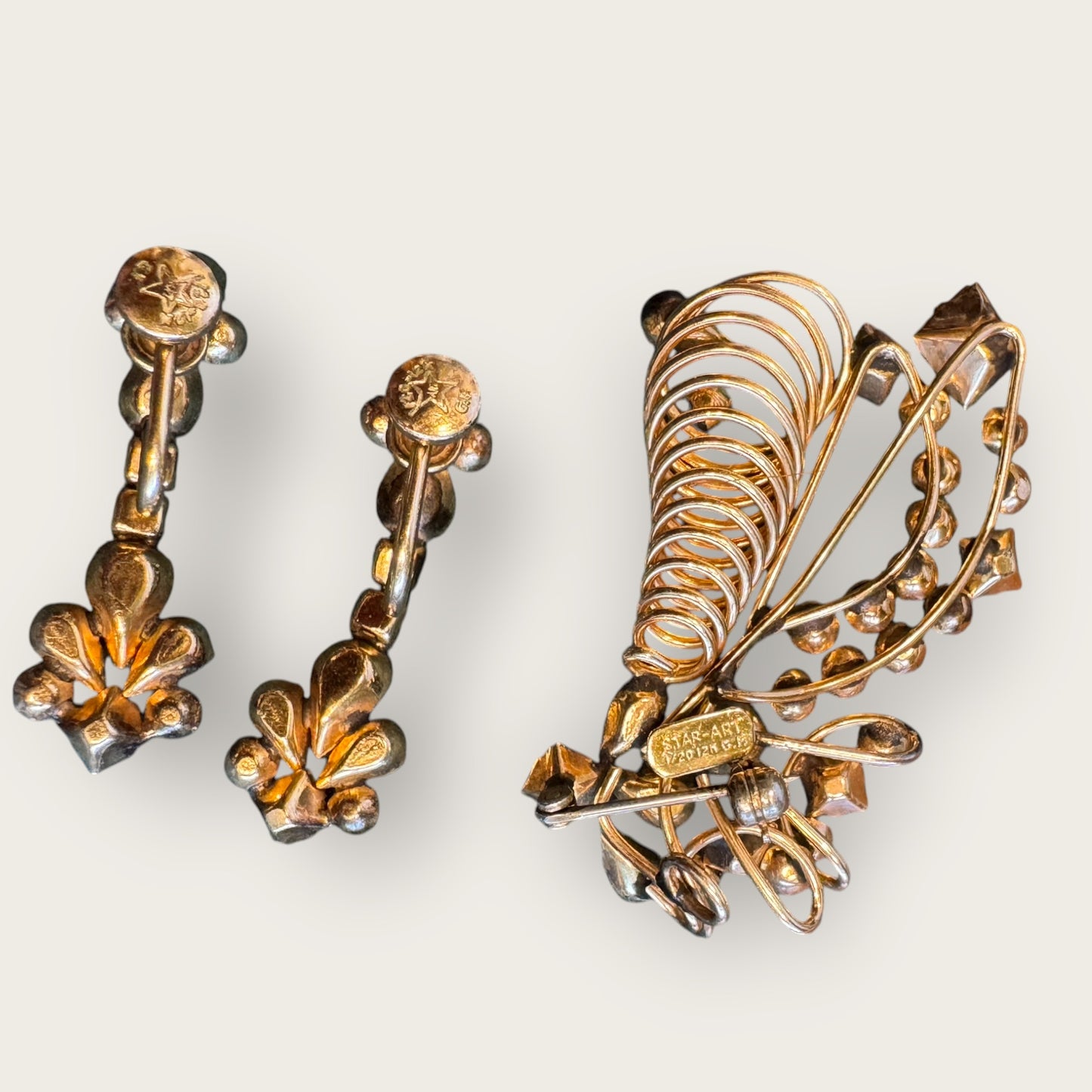 Vintage Star-Art 1/20 12K Gold-Filled Brooch & Dangle Screw-Back Earrings Set – Aquamarine Blue & Clear Rhinestones