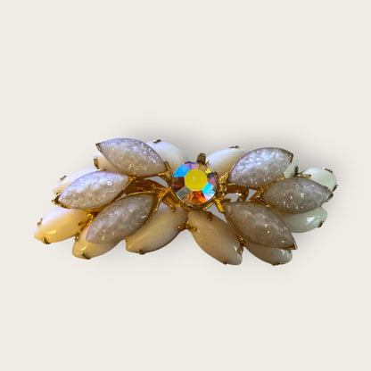 Vintage Mid-Century White Lava Glass & Milk Glass Marquise Brooch – Domed Layered Design with Aurora Borealis Center Stone – Gold Tone