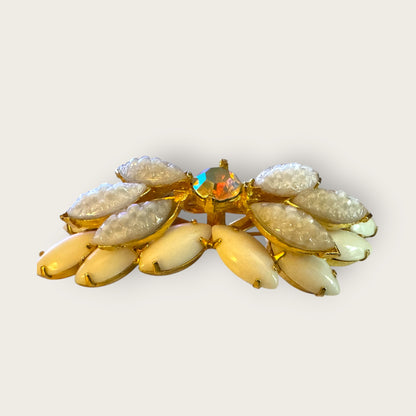 Vintage Mid-Century White Lava Glass & Milk Glass Marquise Brooch – Domed Layered Design with Aurora Borealis Center Stone – Gold Tone