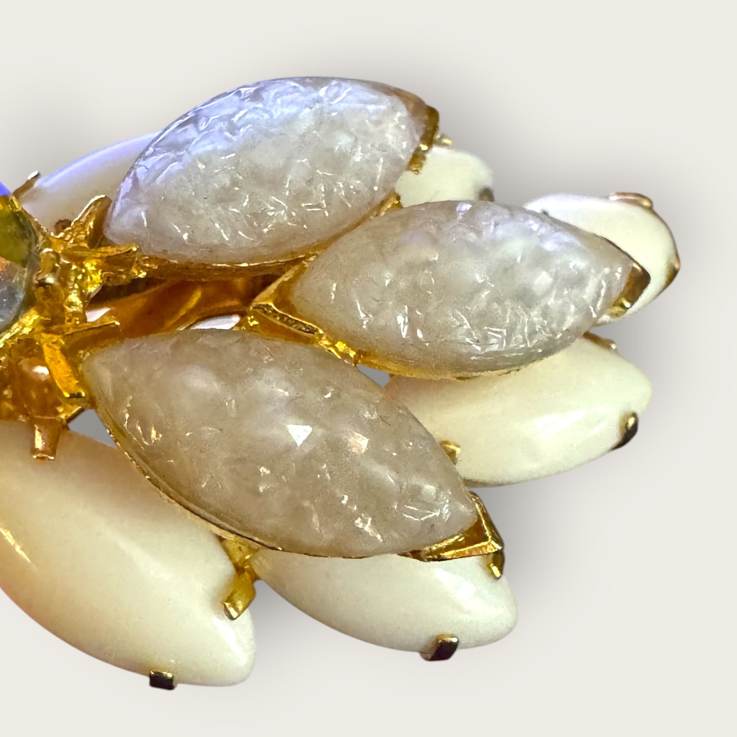Vintage Mid-Century White Lava Glass & Milk Glass Marquise Brooch – Domed Layered Design with Aurora Borealis Center Stone – Gold Tone