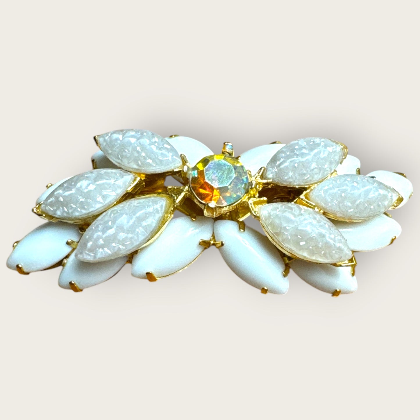 Vintage Mid-Century White Lava Glass & Milk Glass Marquise Brooch – Domed Layered Design with Aurora Borealis Center Stone – Gold Tone