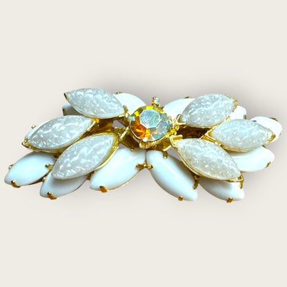 Vintage Mid-Century White Lava Glass & Milk Glass Marquise Brooch – Domed Layered Design with Aurora Borealis Center Stone – Gold Tone