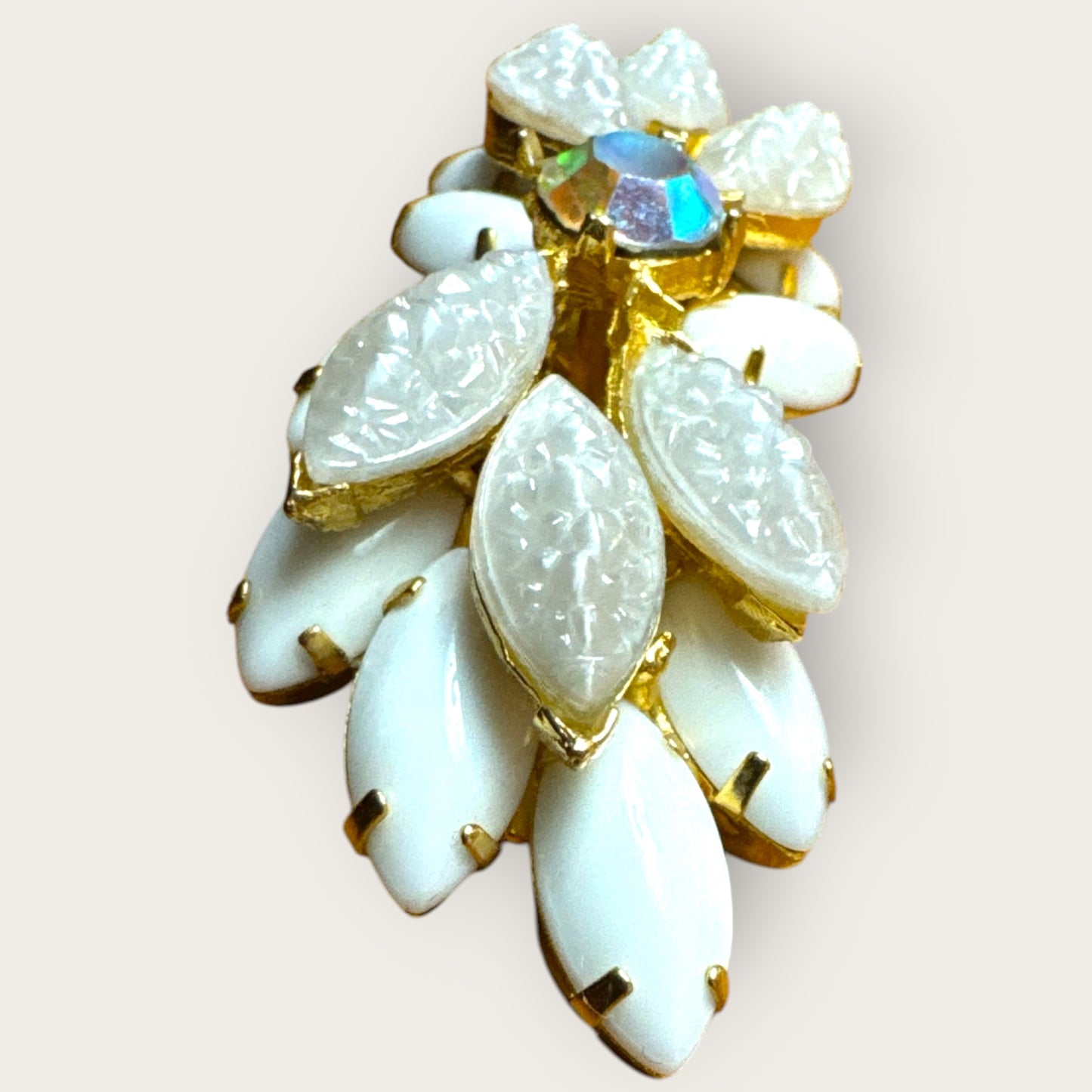 Vintage Mid-Century White Lava Glass & Milk Glass Marquise Brooch – Domed Layered Design with Aurora Borealis Center Stone – Gold Tone