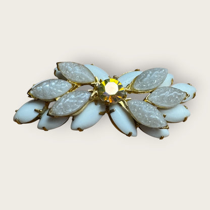 Vintage Mid-Century White Lava Glass & Milk Glass Marquise Brooch – Domed Layered Design with Aurora Borealis Center Stone – Gold Tone