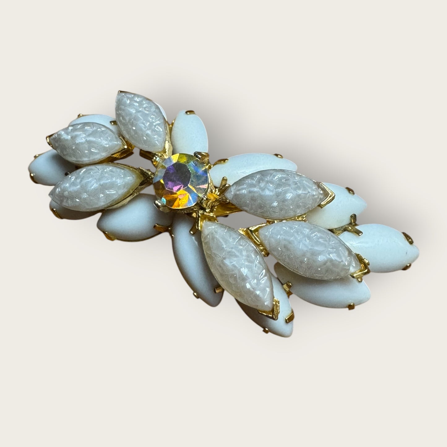 Vintage Mid-Century White Lava Glass & Milk Glass Marquise Brooch – Domed Layered Design with Aurora Borealis Center Stone – Gold Tone