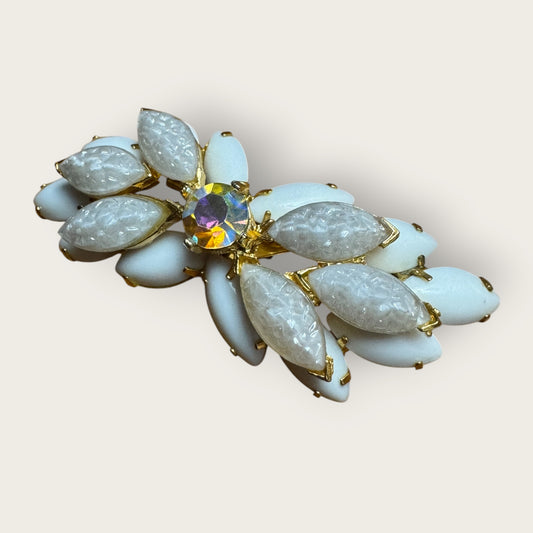 Vintage Mid-Century White Lava Glass & Milk Glass Marquise Brooch – Domed Layered Design with Aurora Borealis Center Stone – Gold Tone