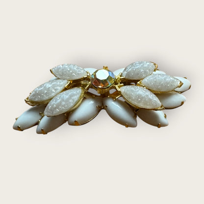 Vintage Mid-Century White Lava Glass & Milk Glass Marquise Brooch – Domed Layered Design with Aurora Borealis Center Stone – Gold Tone