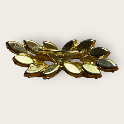 Vintage Mid-Century White Lava Glass & Milk Glass Marquise Brooch – Domed Layered Design with Aurora Borealis Center Stone – Gold Tone