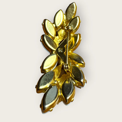 Vintage Mid-Century White Lava Glass & Milk Glass Marquise Brooch – Domed Layered Design with Aurora Borealis Center Stone – Gold Tone