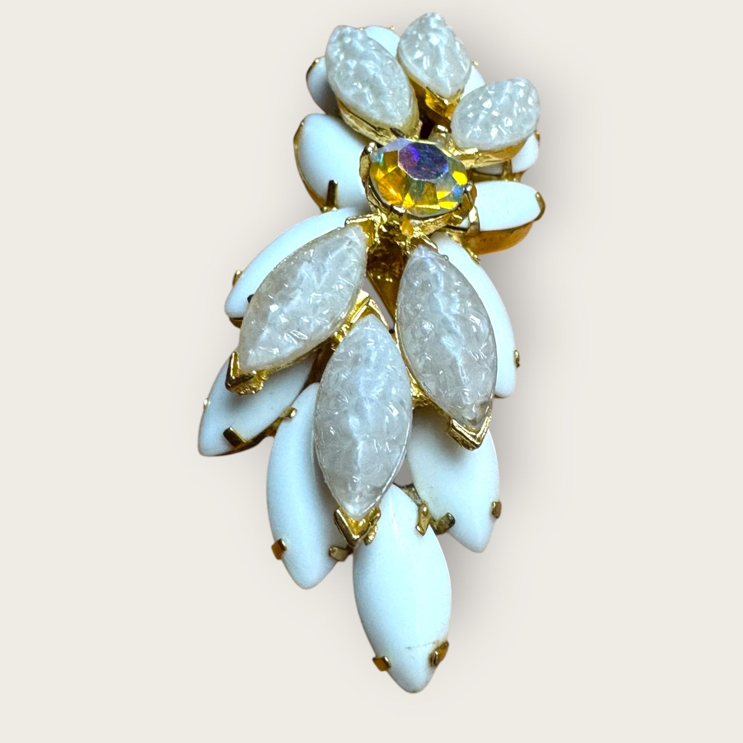 Vintage Mid-Century White Lava Glass & Milk Glass Marquise Brooch – Domed Layered Design with Aurora Borealis Center Stone – Gold Tone