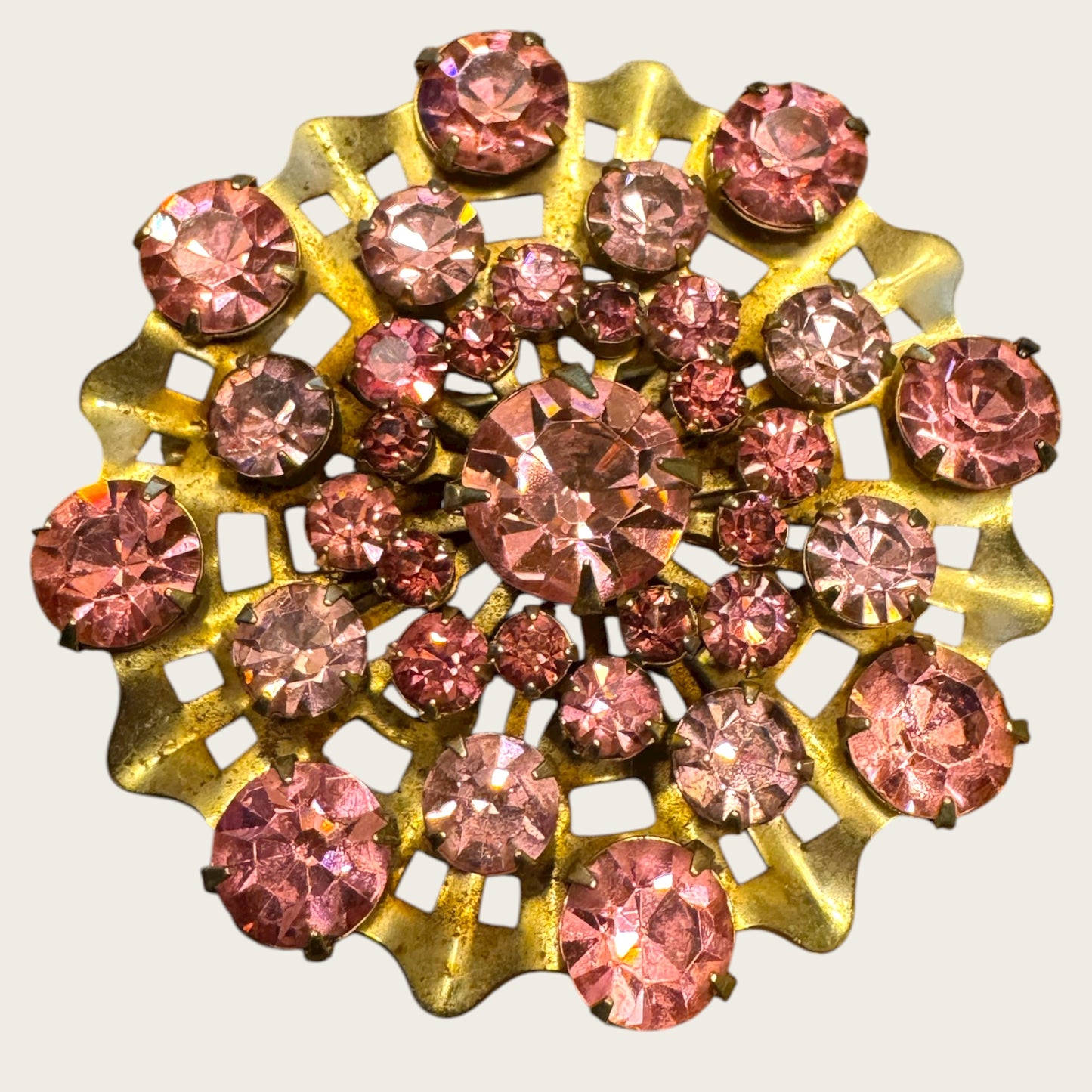 Vintage 1950s Pink Rhinestone Domed Starburst Brooch – Layered Openwork Gold Tone Statement Pin
