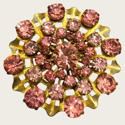 Vintage 1950s Pink Rhinestone Domed Starburst Brooch – Layered Openwork Gold Tone Statement Pin