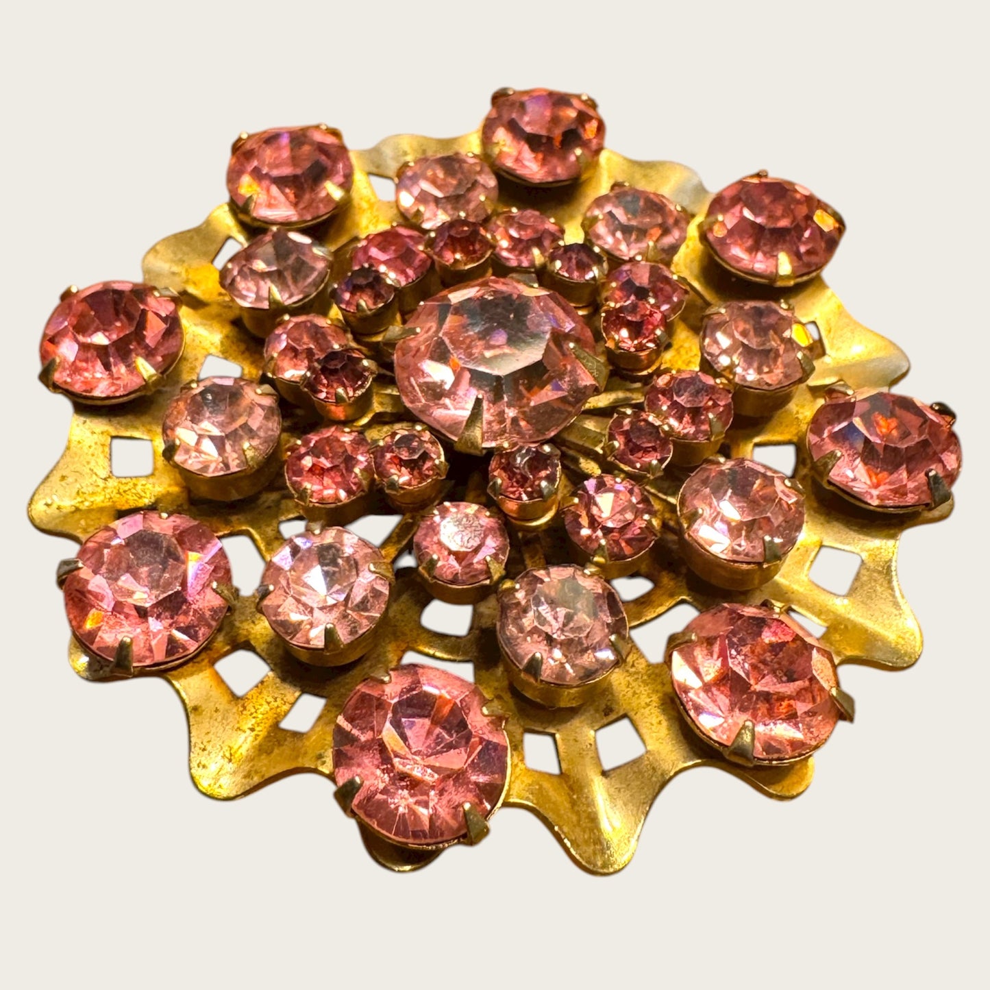 Vintage 1950s Pink Rhinestone Domed Starburst Brooch – Layered Openwork Gold Tone Statement Pin