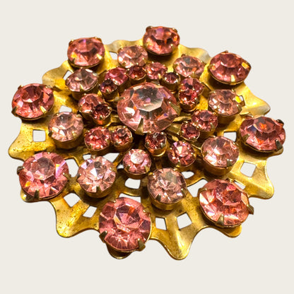 Vintage 1950s Pink Rhinestone Domed Starburst Brooch – Layered Openwork Gold Tone Statement Pin