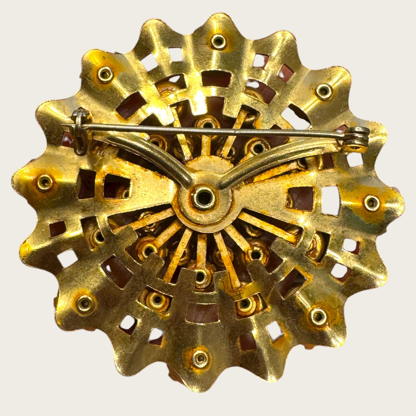 Vintage 1950s Pink Rhinestone Domed Starburst Brooch – Layered Openwork Gold Tone Statement Pin