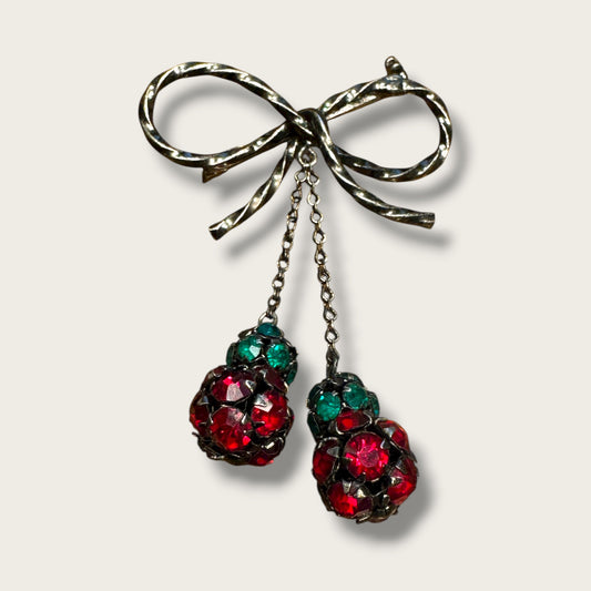 Vintage 1950s Austrian Crystal Bow Brooch with Dangling Fruit Clusters – Ruby & Emerald Rhinestones