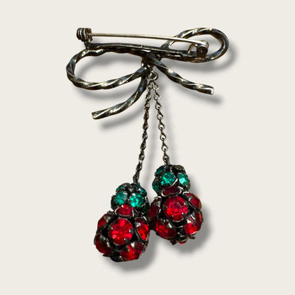 Vintage 1950s Austrian Crystal Bow Brooch with Dangling Fruit Clusters – Ruby & Emerald Rhinestones