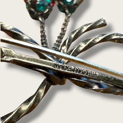 Vintage 1950s Austrian Crystal Bow Brooch with Dangling Fruit Clusters – Ruby & Emerald Rhinestones