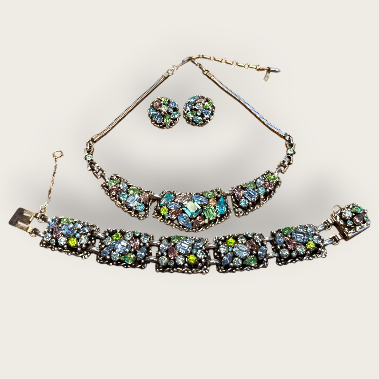 Vintage Barclay Uranium Rhinestone Parure – Signed Necklace, Bracelet & Earrings Set, 1950s Hollywood Regency Glamour